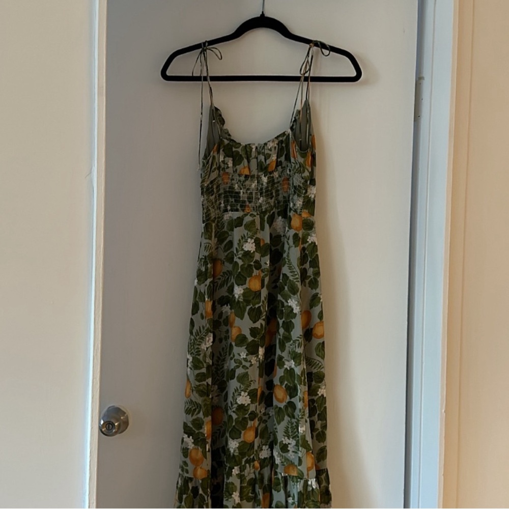 Reformaiton Embry Dress in Orange Grove Lemon Green Floral Midi